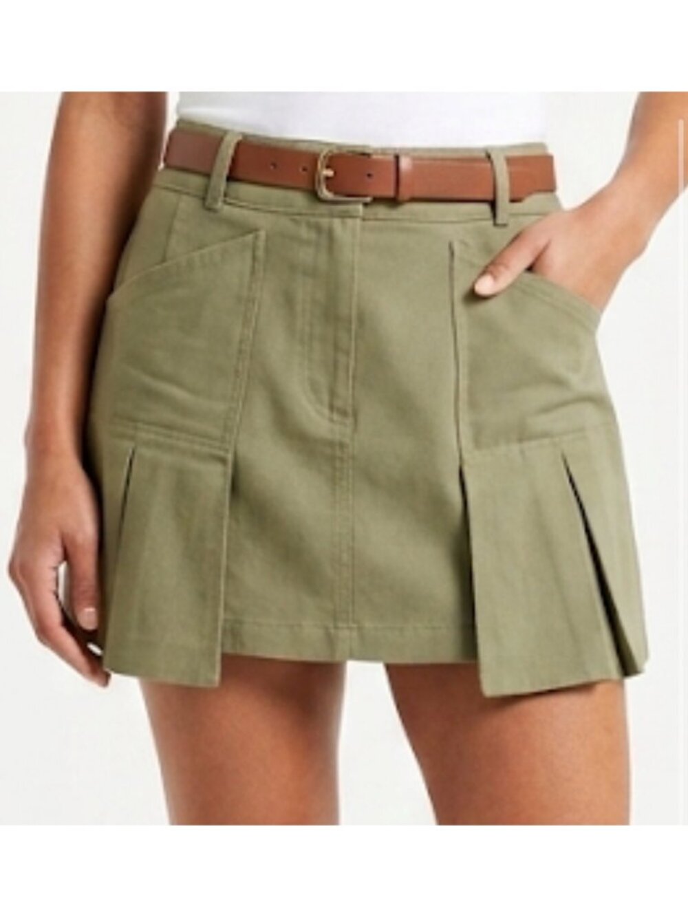 Anthropologie women’s Green Pleated Mini Skirt Pockets Size Medium Cotton Blend
